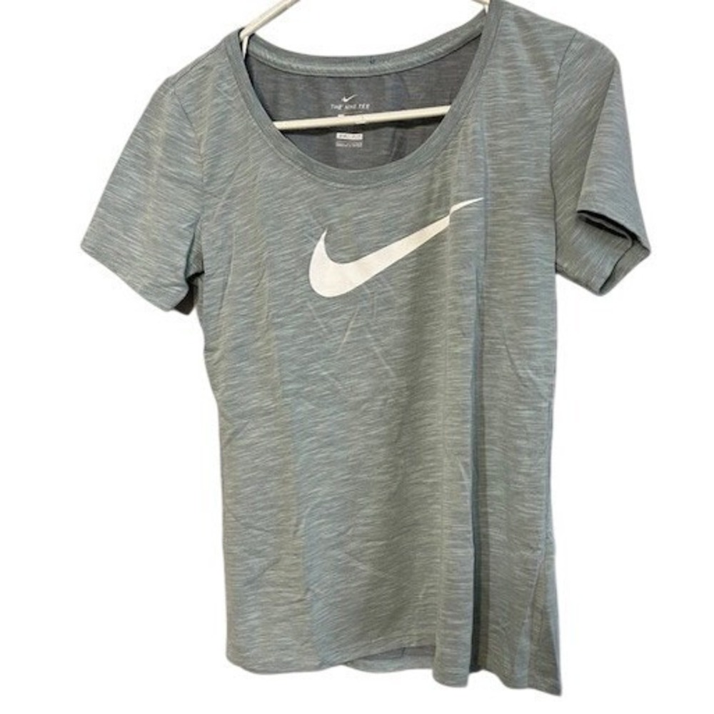 Nike Womens Dri-FIT Short Sleeve Graphic T-Shirt Gray Mint Swoosh Scoop Neck S